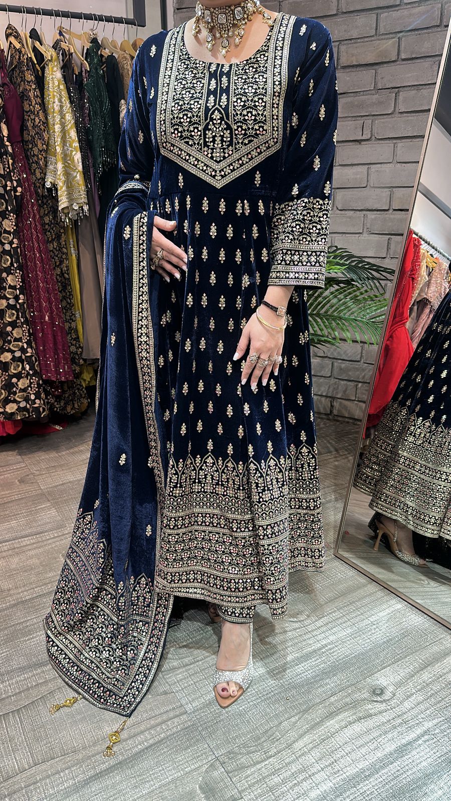 Lohri Navy Blue Emboss Velvet Anarkali