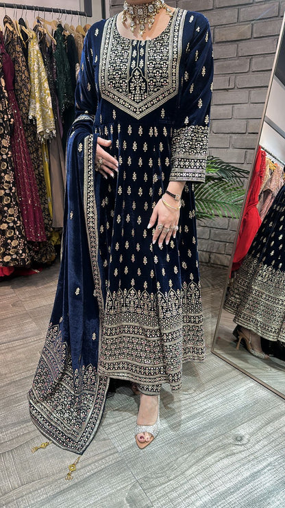 Lohri Navy Blue Emboss Velvet Anarkali