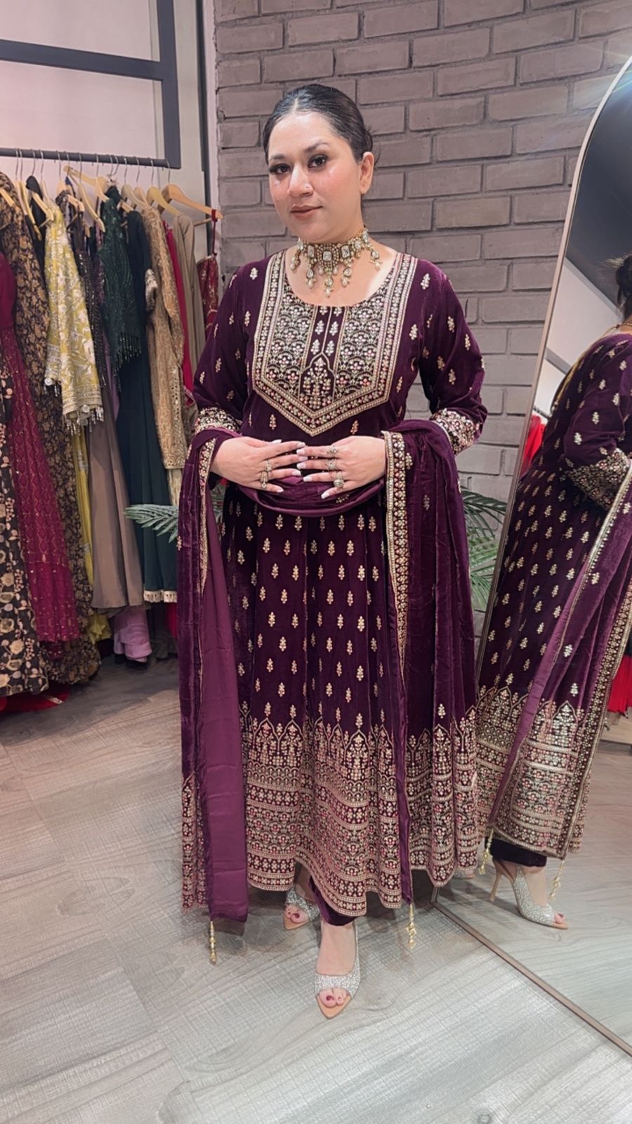 Lohri wine Emboss Velvet Anarkali