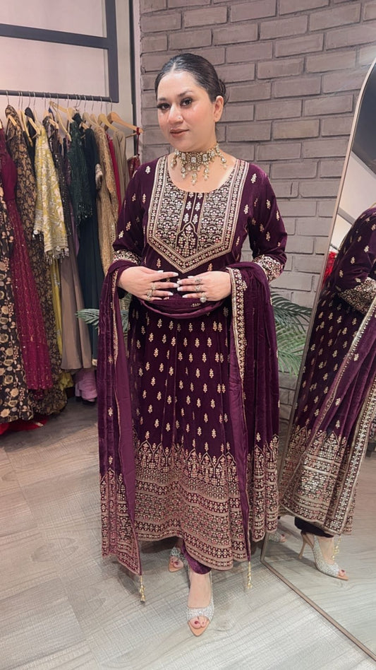 Lohri wine Emboss Velvet Anarkali