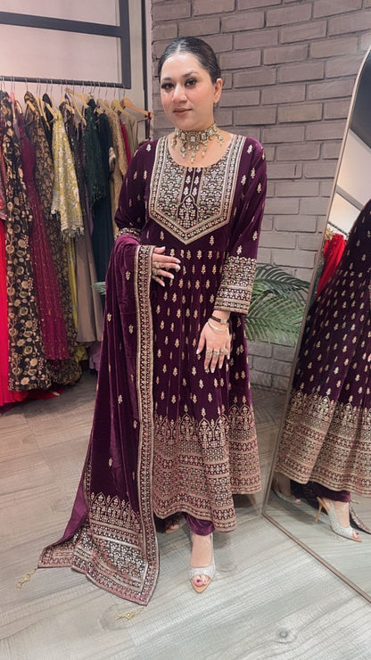 Lohri wine Emboss Velvet Anarkali
