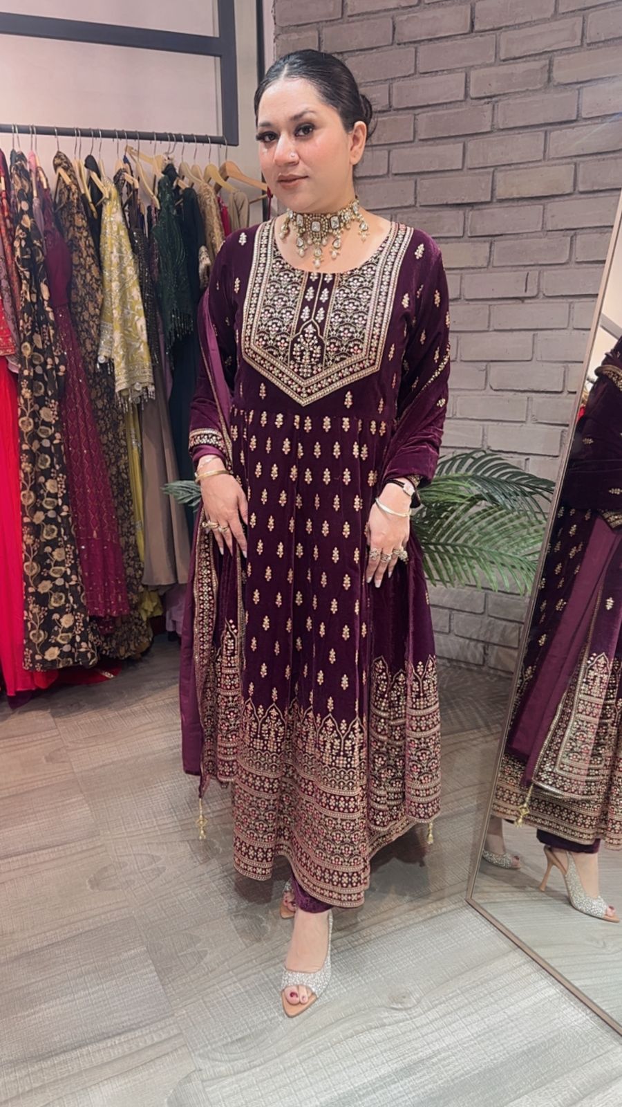 Lohri wine Emboss Velvet Anarkali