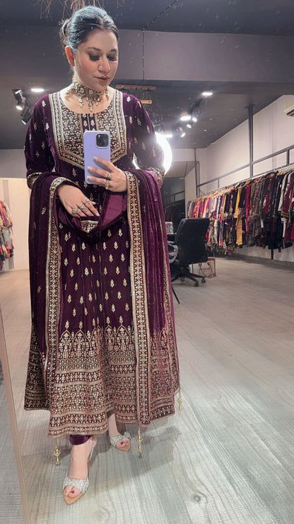 Lohri wine Emboss Velvet Anarkali