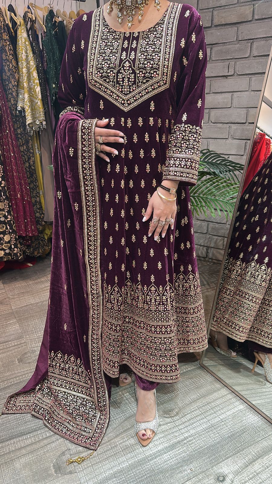 Lohri wine Emboss Velvet Anarkali