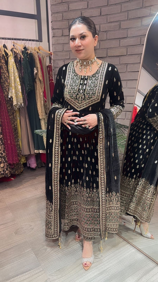 Lohri Black Emboss Velvet Anarkali