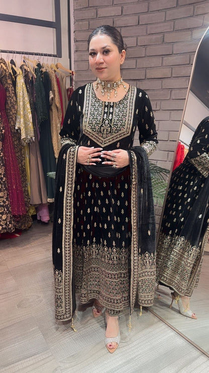Lohri Black Emboss Velvet Anarkali