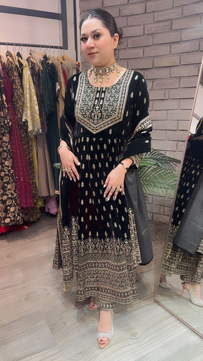 Lohri Black Emboss Velvet Anarkali