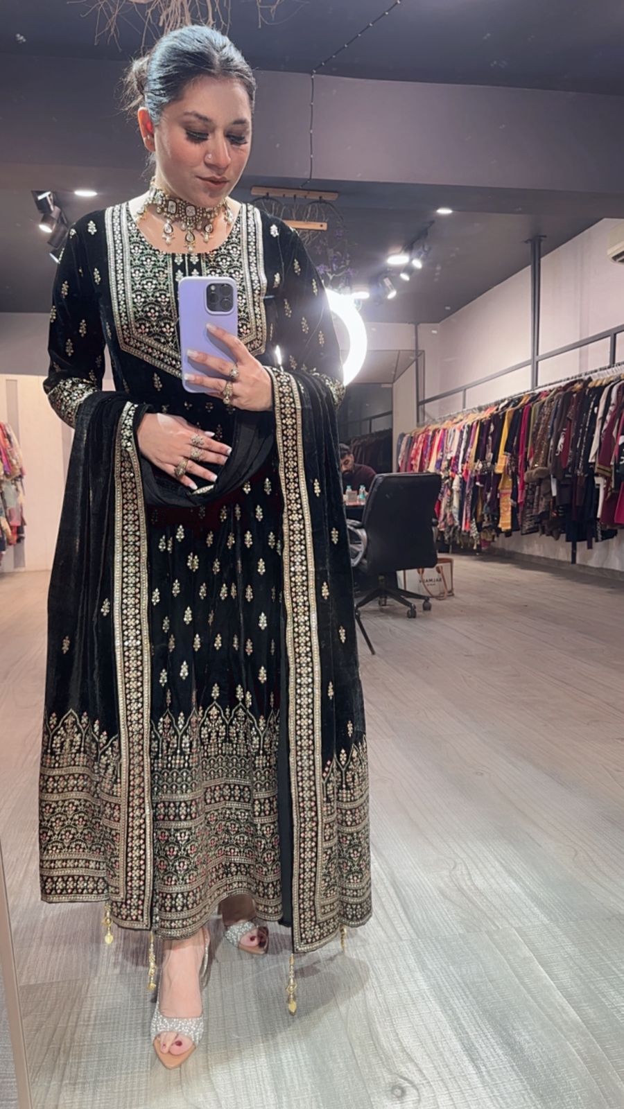 Lohri Black Emboss Velvet Anarkali