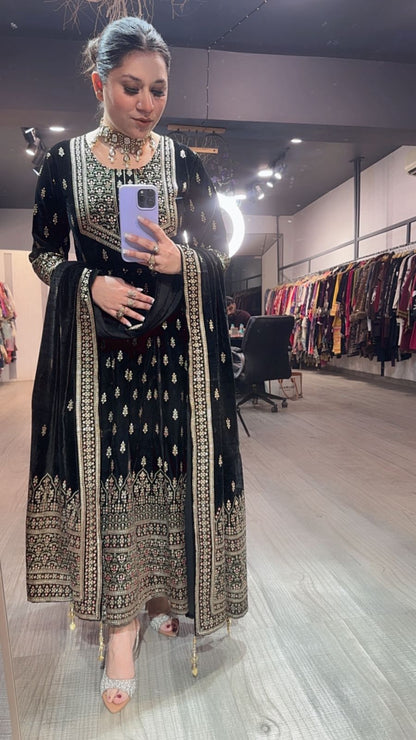 Lohri Black Emboss Velvet Anarkali
