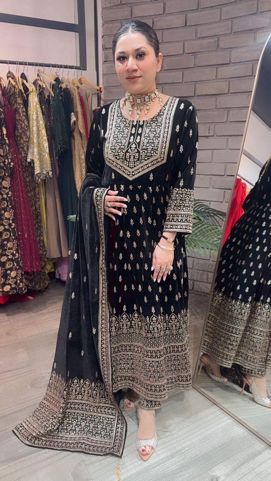 Lohri Black Emboss Velvet Anarkali