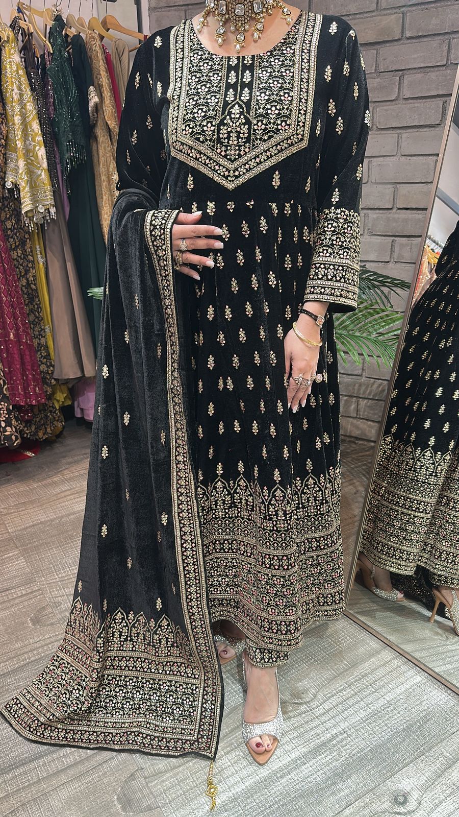 Lohri Black Emboss Velvet Anarkali