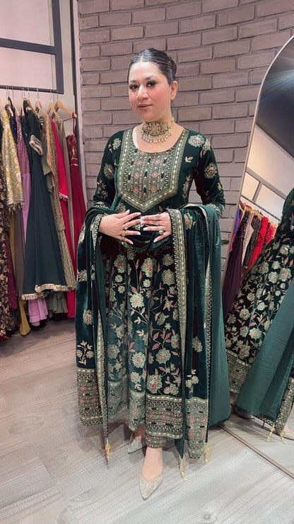 Mannat Bottel Green Floral Emboss Velvet Anarkali