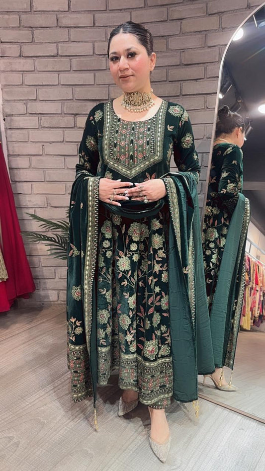 Mannat Bottel Green Floral Emboss Velvet Anarkali