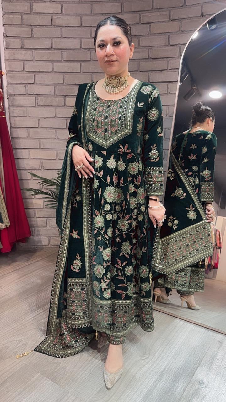 Mannat Bottel Green Floral Emboss Velvet Anarkali