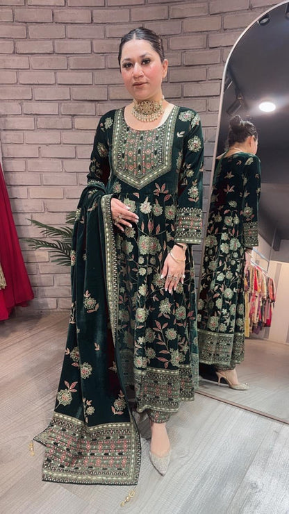 Mannat Bottel Green Floral Emboss Velvet Anarkali