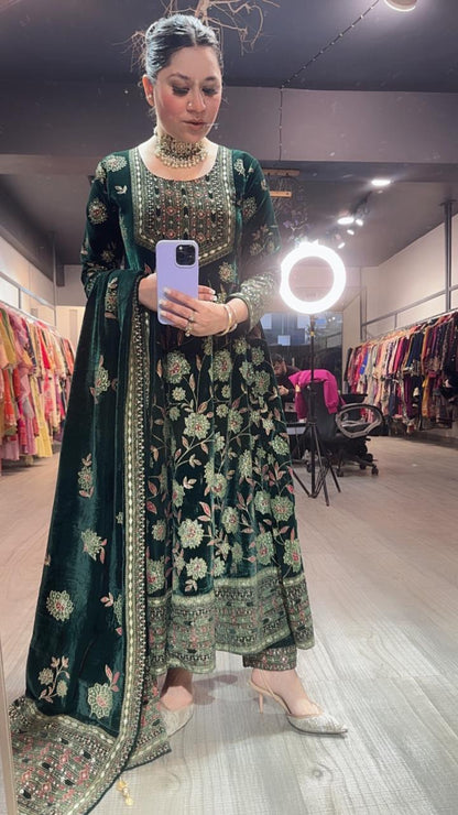 Mannat Bottel Green Floral Emboss Velvet Anarkali