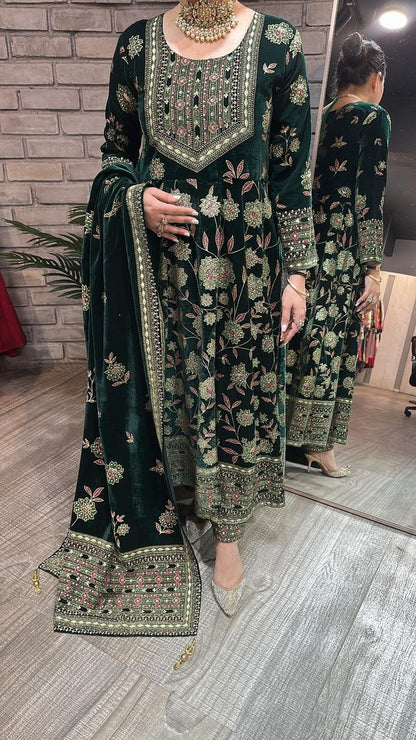 Mannat Bottel Green Floral Emboss Velvet Anarkali