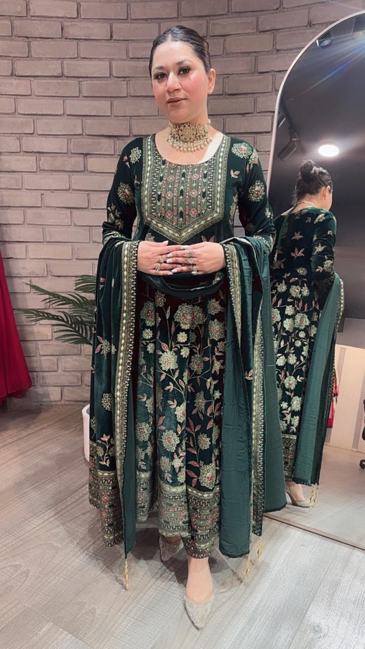 Mannat Bottel Green Floral Emboss Velvet Anarkali