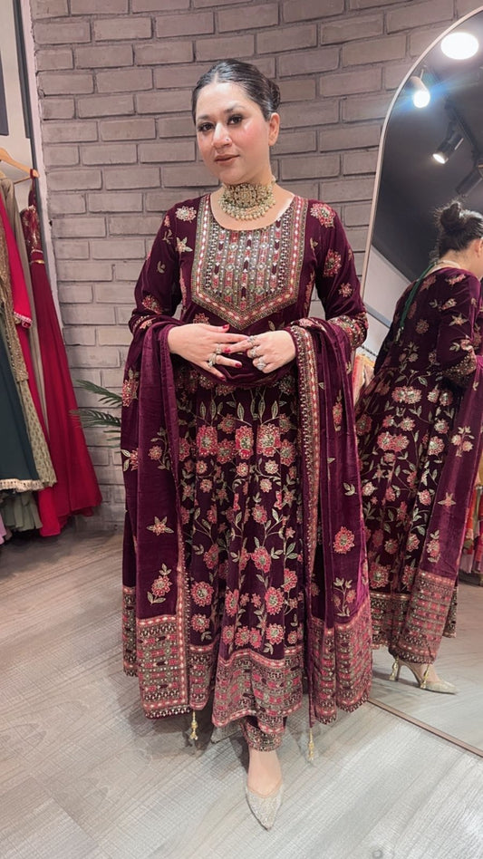 Mannat wine Floral Emboss Velvet Anarkali