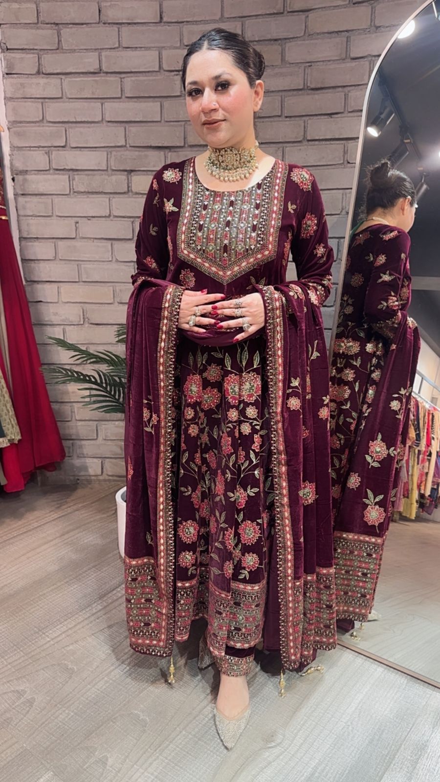 Mannat wine Floral Emboss Velvet Anarkali