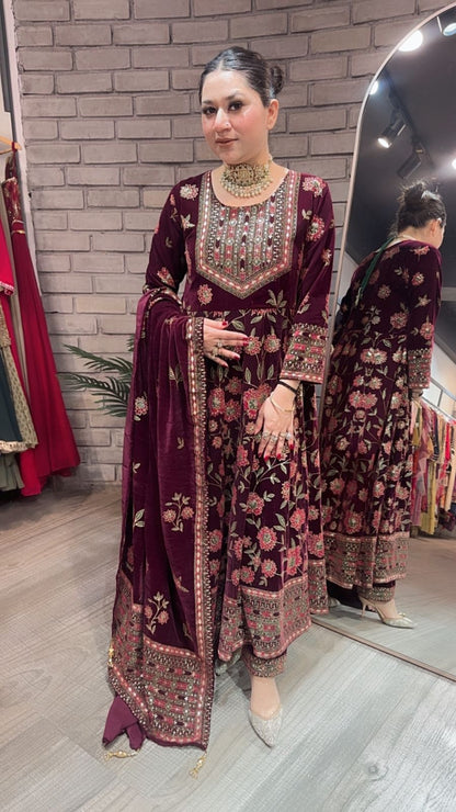 Mannat wine Floral Emboss Velvet Anarkali