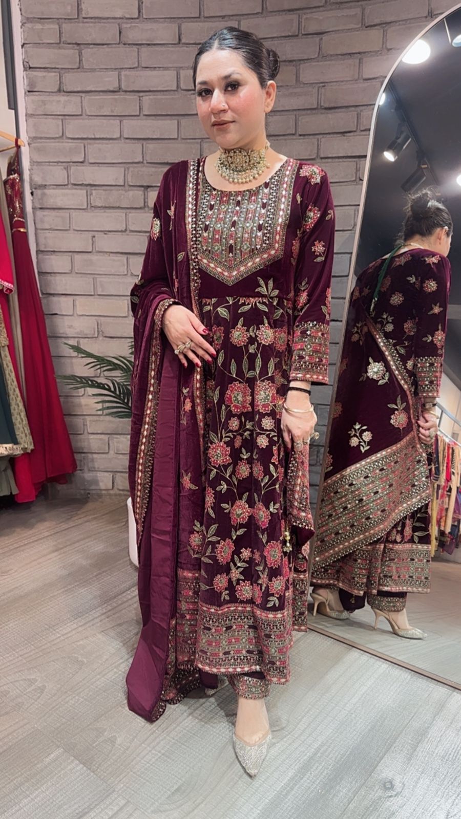 Mannat wine Floral Emboss Velvet Anarkali