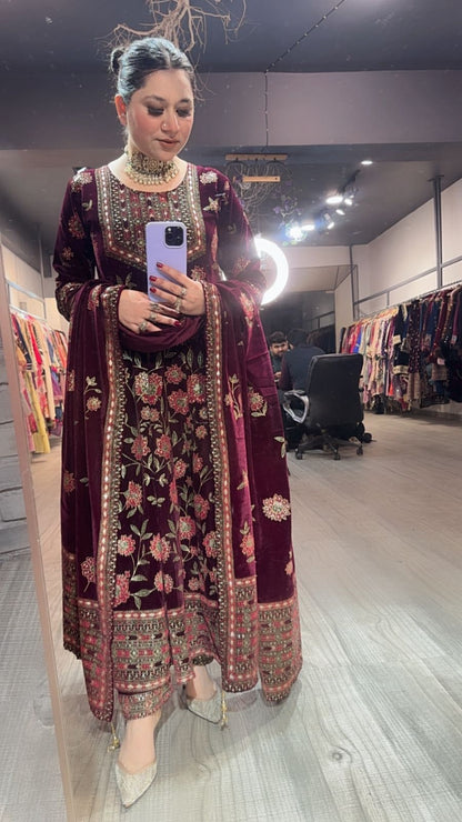 Mannat wine Floral Emboss Velvet Anarkali