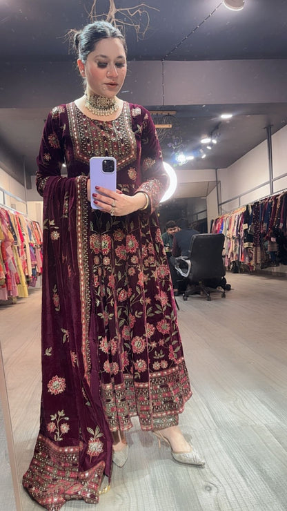 Mannat wine Floral Emboss Velvet Anarkali