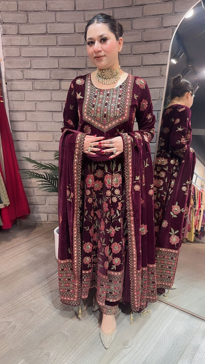 Mannat wine Floral Emboss Velvet Anarkali