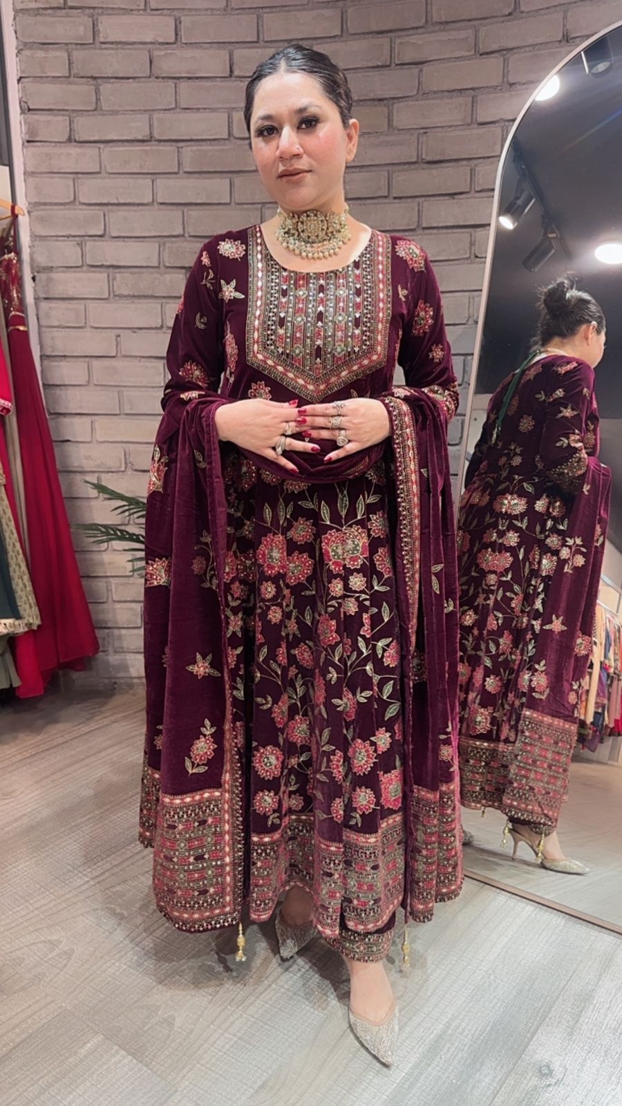 Mannat wine Floral Emboss Velvet Anarkali
