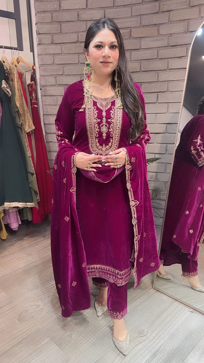Gazab Magenta Velvet Suit