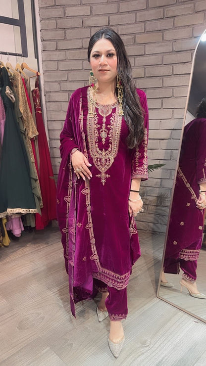 Gazab Magenta Velvet Suit
