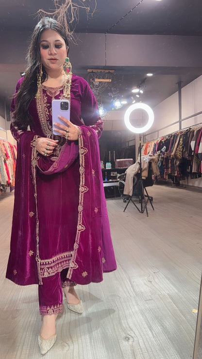 Gazab Magenta Velvet Suit