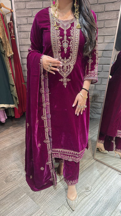 Gazab Magenta Velvet Suit