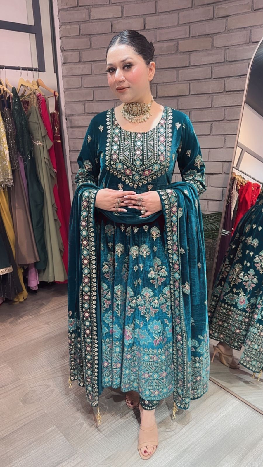 Lodhi Teal Blue Floral Emboss Velvet Anarkali