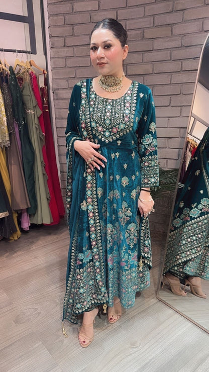 Lodhi Teal Blue Floral Emboss Velvet Anarkali