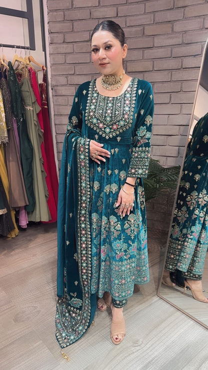 Lodhi Teal Blue Floral Emboss Velvet Anarkali