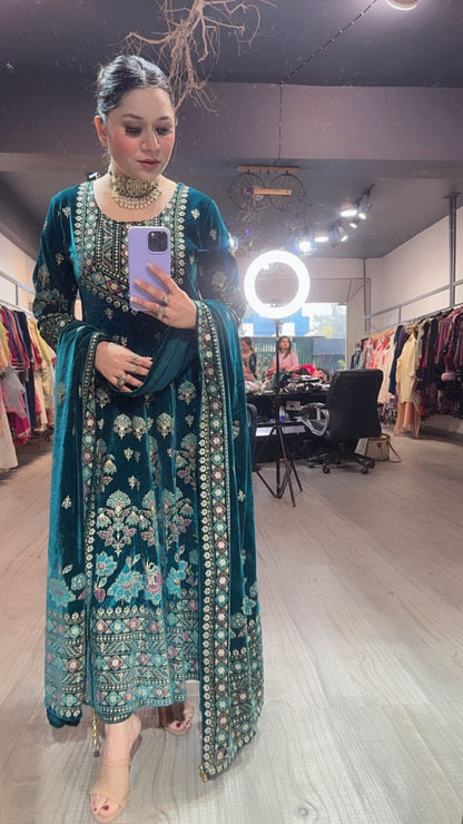 Lodhi Teal Blue Floral Emboss Velvet Anarkali