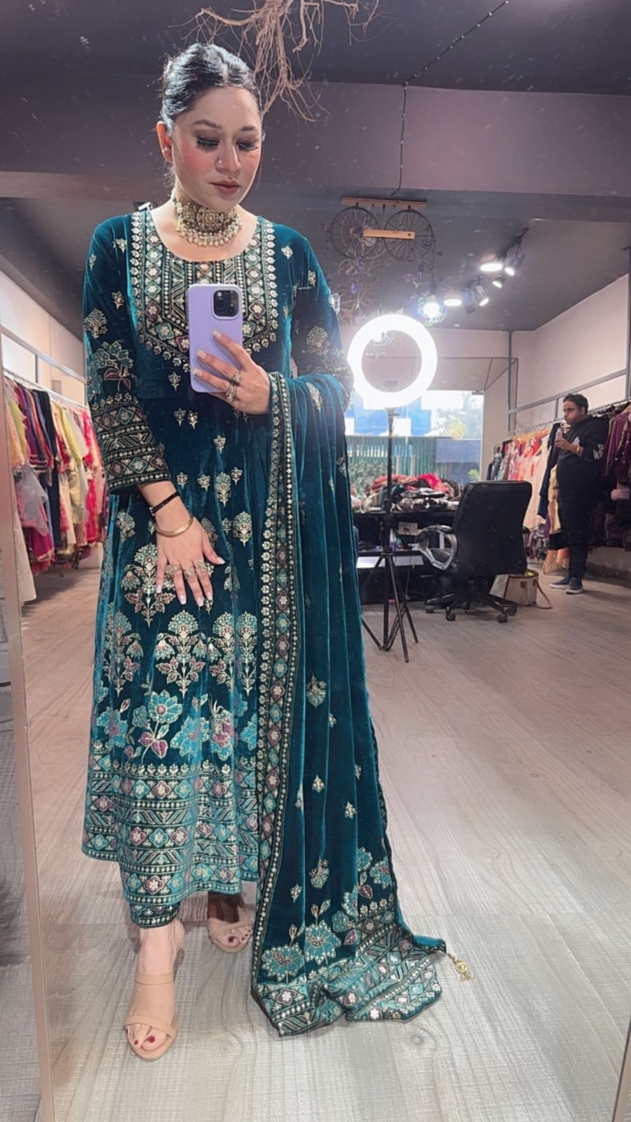 Lodhi Teal Blue Floral Emboss Velvet Anarkali