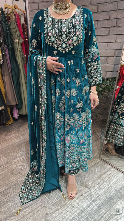 Lodhi Teal Blue Floral Emboss Velvet Anarkali