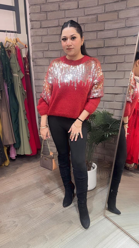 Sparkle Red  sequence Woolen sweater