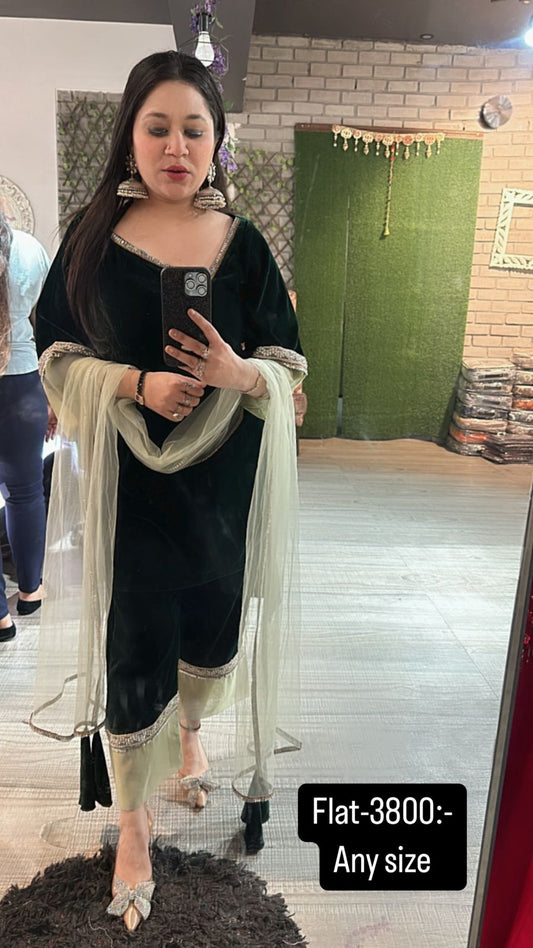 Freshta Bottel Green velvet Suit