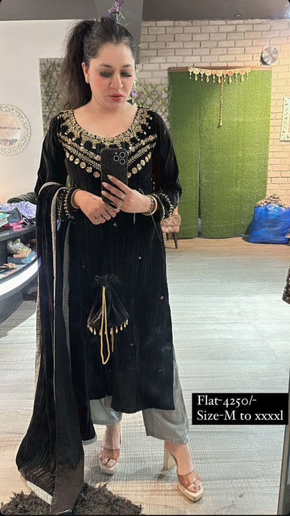 Shalia Black Grey Designer velvet Suit