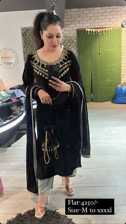 Shalia Black Grey Designer velvet Suit