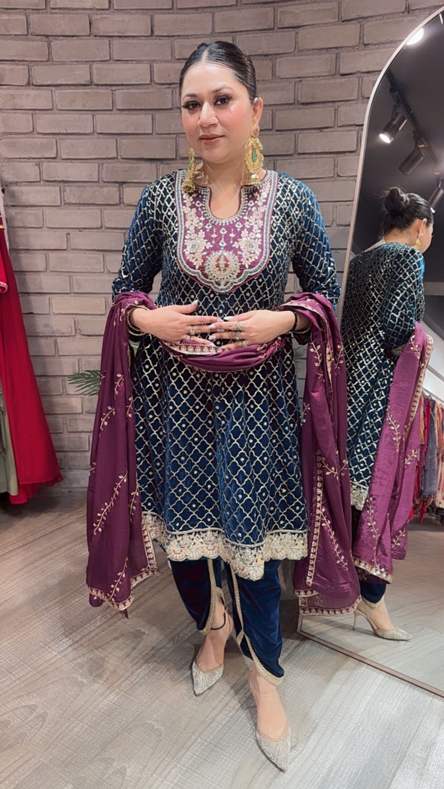 Nushrat Teal Blue wine peplum velvet Suit