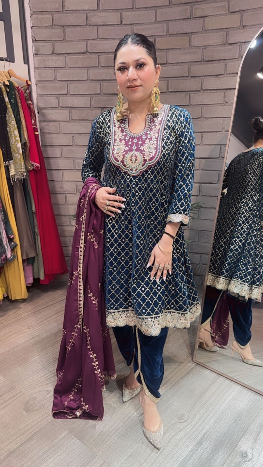 Nushrat Teal Blue wine peplum velvet Suit