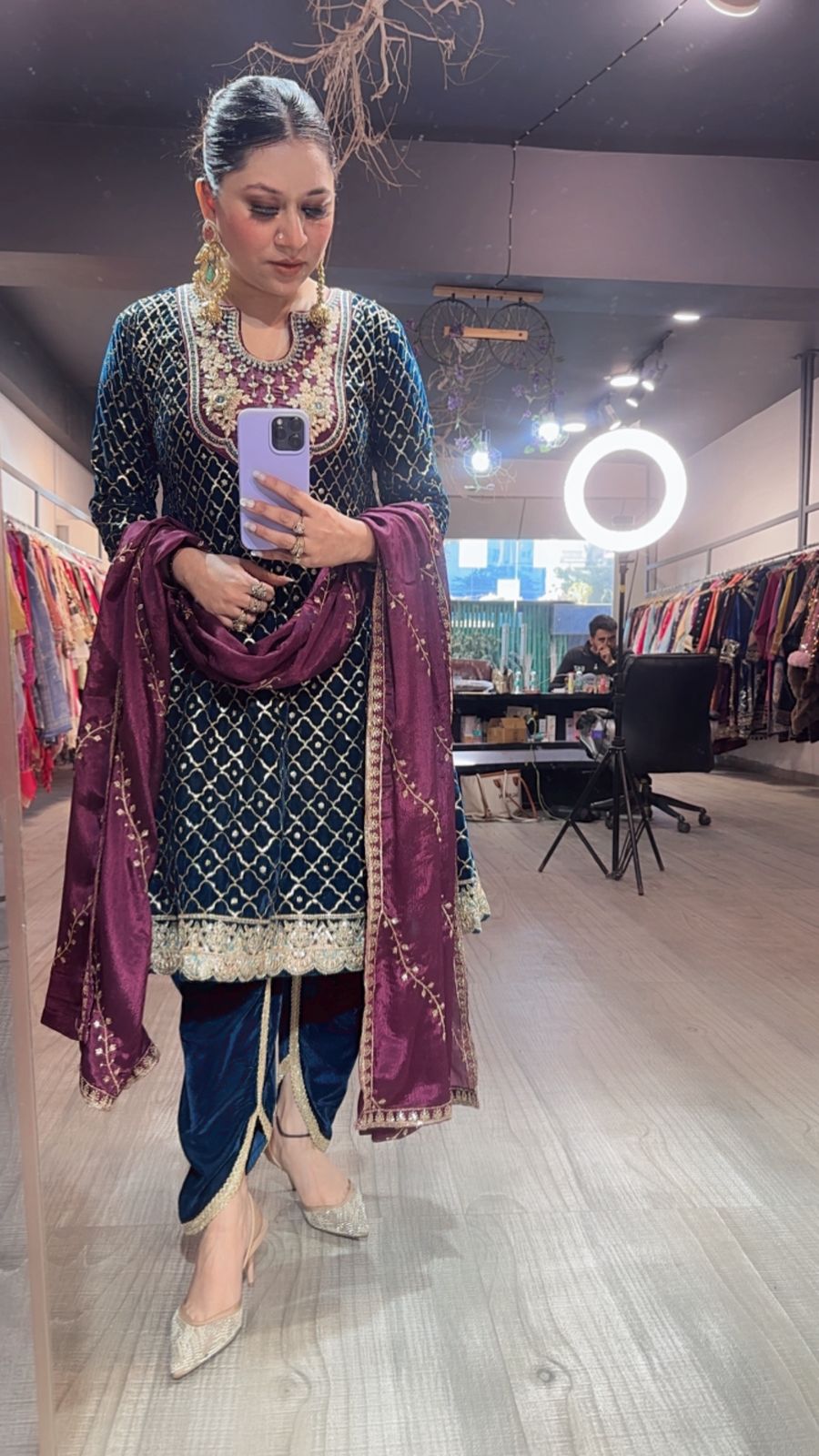 Nushrat Teal Blue wine peplum velvet Suit