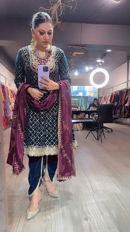 Nushrat Teal Blue wine peplum velvet Suit