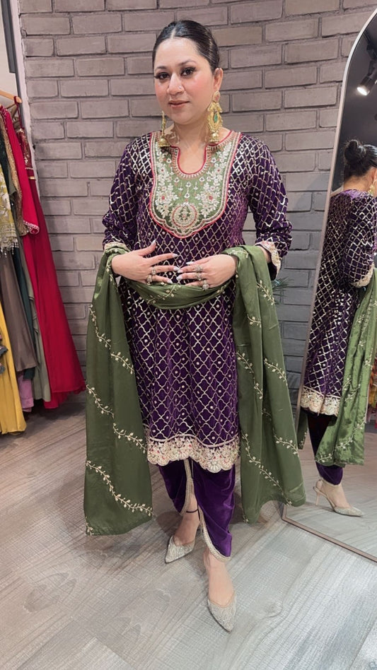 Nushrat purple Green peplum velvet Suit
