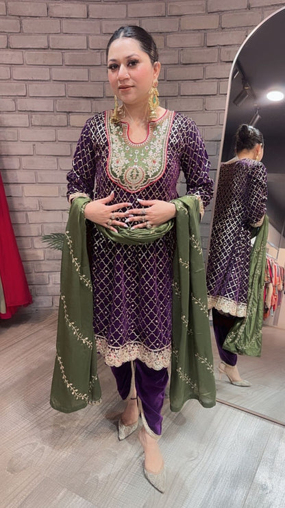 Nushrat purple Green peplum velvet Suit